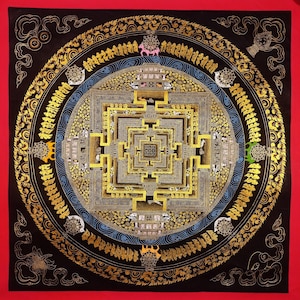 Original Hand-painted Master Quality Black and Gold  Kalachakra Mandala Wheel of Life Tibetan Thangka Painting