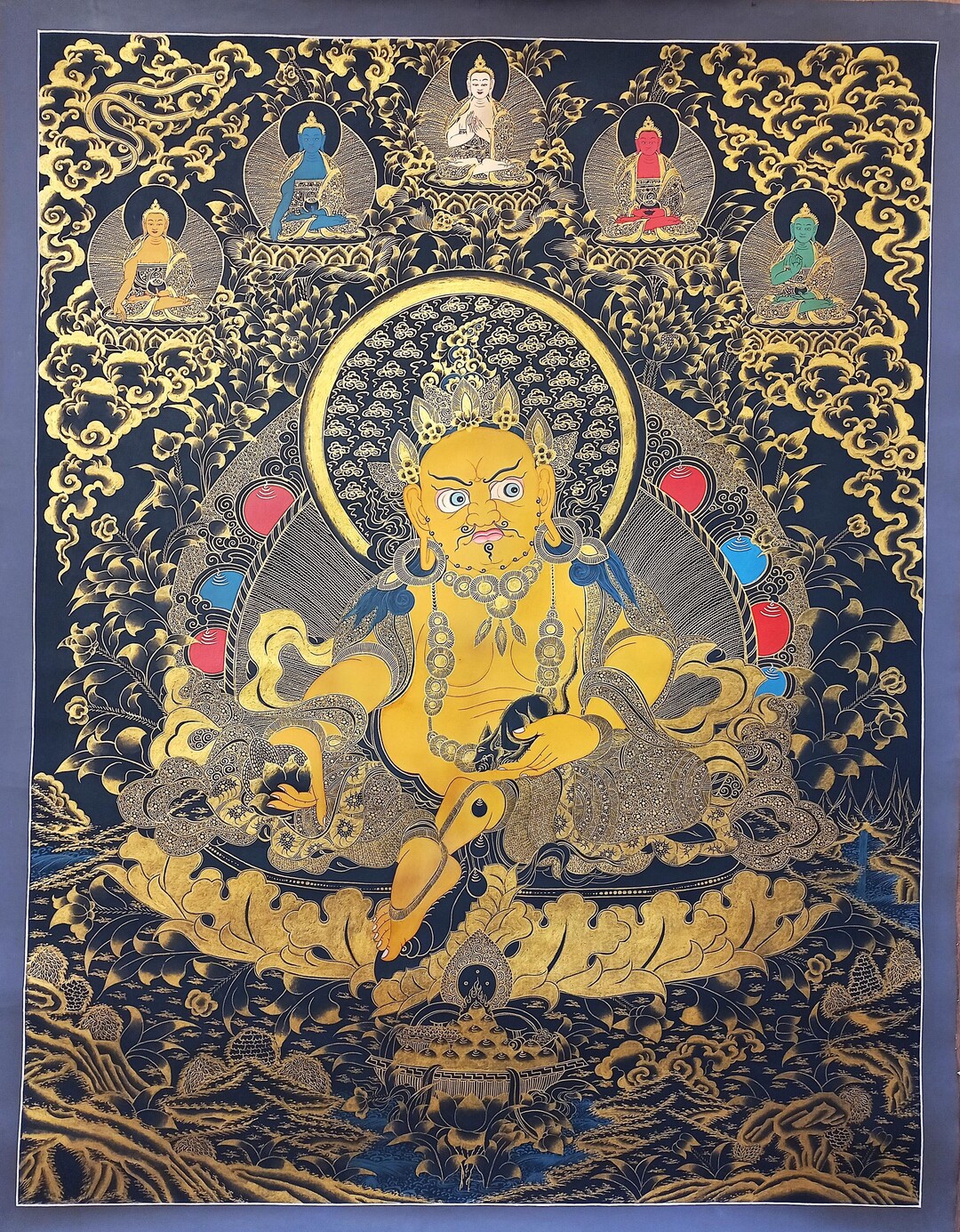 Gandhanra – Thangka Tibetano Dzambhala Giallo – Arazzo Stampa Dorata Con Cornice In Seta – Per Meditazione E Decorazione Zen – 4 Misure Disponibili