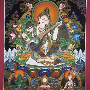 Original Hand- painted Goddess Saraswati/ Saraswoti/ Sarasvati Goddess of Learning Music and Art Masterpiece Thangka Painting