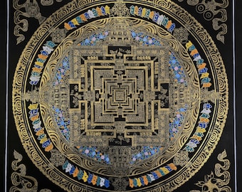 Schwarz & Gold Kalachakra Mandala Thangka - Original Handbemalte tibetische Rad der Zeit Kunst