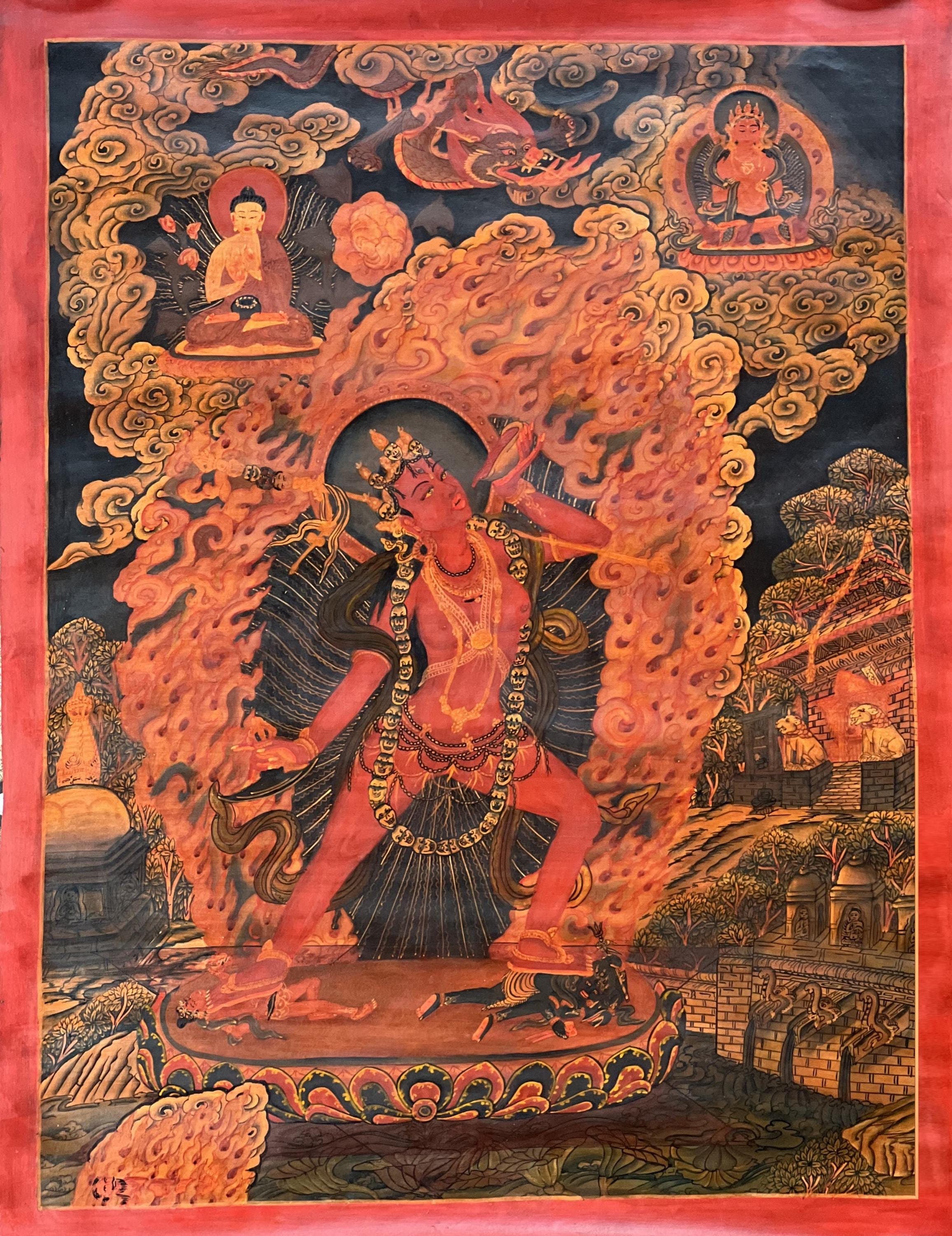 Vajrayogini Oil Varnished Thangka Painting: Newari Paubha, Tantric