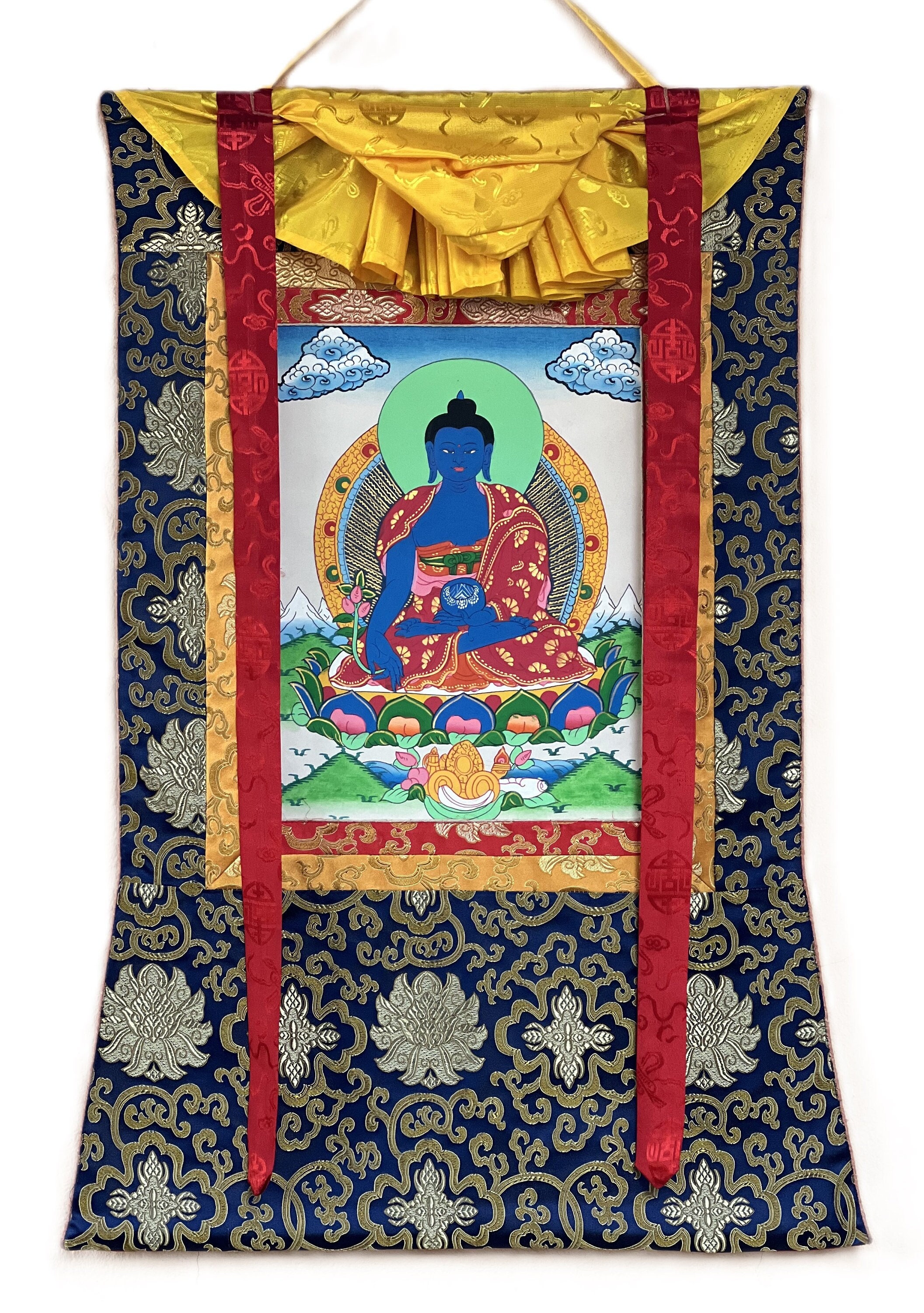 Original Hand-painted Medicine Buddha/ Bhaisajyaguru/ Master Healer/ Tibetan Thangka Painting with Silk Brocade