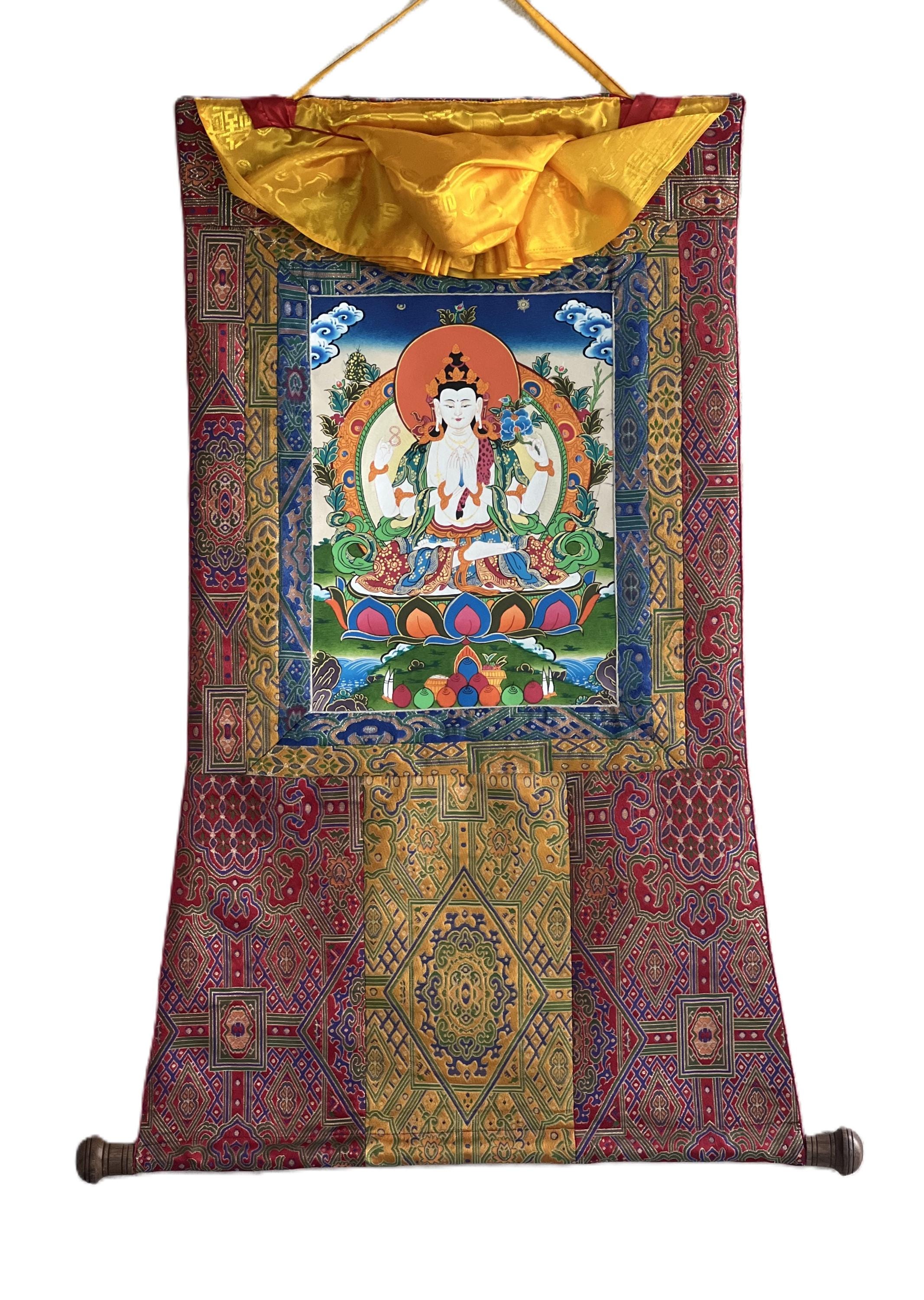 四臂観音菩薩 タンカ 手描き シルク仕立 額装 チベット 守護 浄化