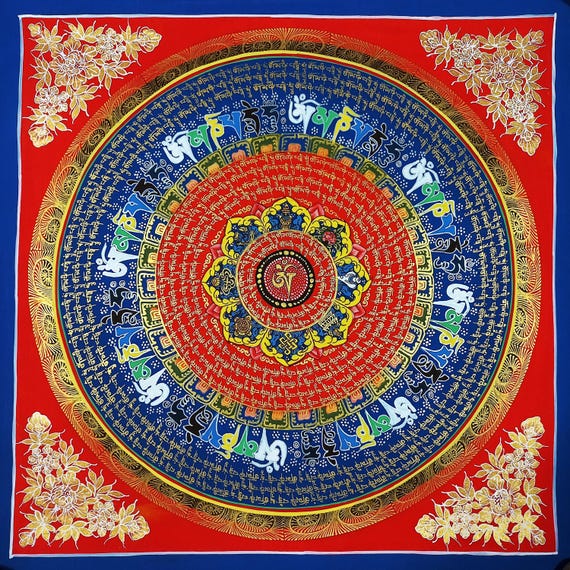 OMマントラ曼荼羅アート｜ネパールのチベットタンカ壁掛け｜幸運と家庭