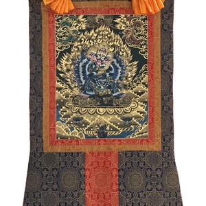 Hand-Painted Yamantaka with Consort Thangka | Wrathful Protector Tibetan Art with Silk Brocade image 2