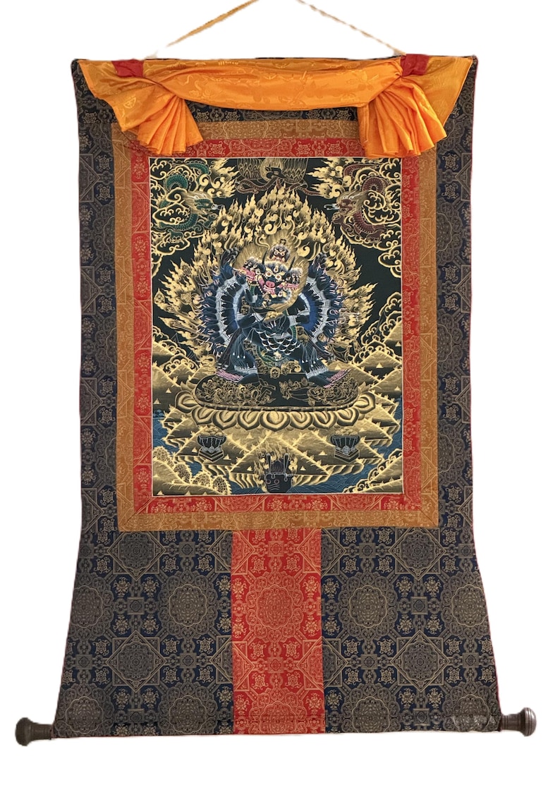 Hand-Painted Yamantaka with Consort Thangka | Wrathful Protector Tibetan Art with Silk Brocade image 2