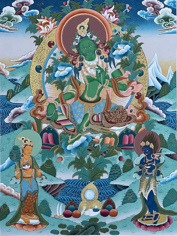 Original pintado a mano Tara Verde Obra Maestra Pared Tibetana colgando Thangka / Thangka / Pintura Meditación de Compasión de Nepal - Etsy España