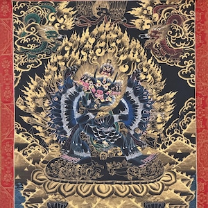 Hand-Painted Yamantaka with Consort Thangka | Wrathful Protector Tibetan Art with Silk Brocade image 5