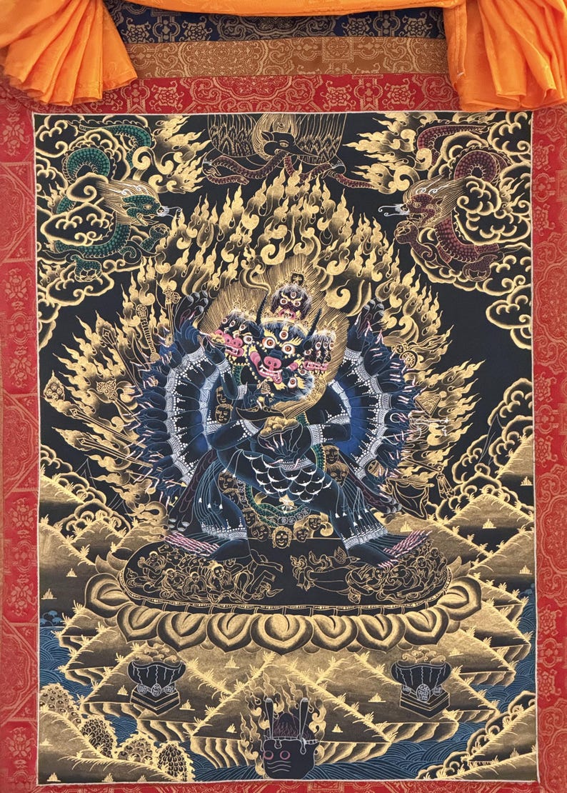 Hand-Painted Yamantaka with Consort Thangka | Wrathful Protector Tibetan Art with Silk Brocade image 5