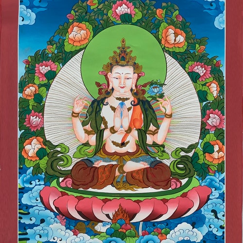 Hand-painted 4 shops Armed Avalokiteshvara, Chyangresi, Chenrezig, Thangka Painting 17 x 24-Inch