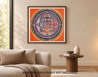 Könnte beinhalten: Ein quadratischer Wandkunstdruck mit einem lebendigen, komplizierten Mandala-Design auf leuchtend orangefarbenem Hintergrund. Das Kunstwerk zeigt komplexe geometrische Muster, konzentrische Kreise und detaillierte Ikonografie in Blau, Rot und Grün.