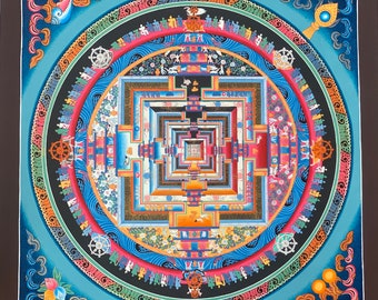 May include: A colorful mandala with a square in the center, surrounded by concentric circles of intricate patterns and symbols. The mandala is painted in shades of blue, red, yellow, green, and black.