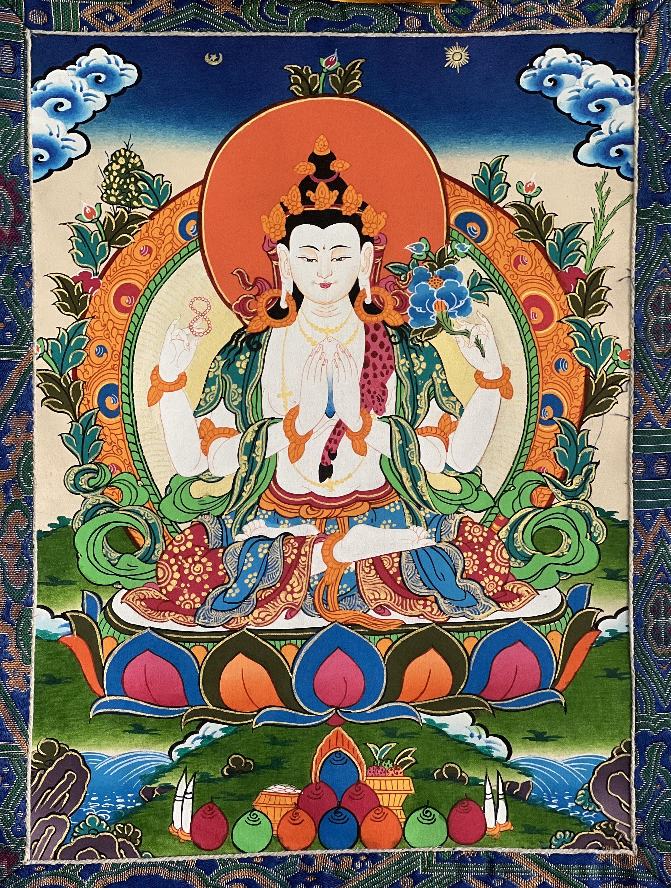オリジナル手描き四臂観音タンカ – チベット仏教美術、シルク