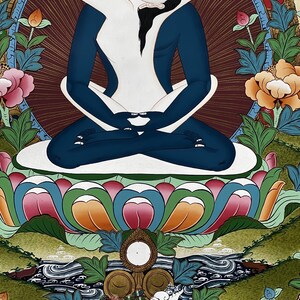 May include: A thangka painting depicting a dark blue deity in a meditative pose embracing a white figure. The figures are seated on a multi-colored lotus pedestal surrounded by floral motifs, with a dark circular halo and intricate green landscape details.