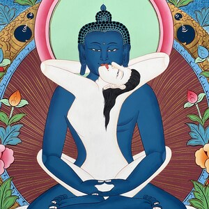 May include: A thangka painting depicting a blue-skinned deity in a meditative pose, embracing a pale-skinned figure. The composition features a circular halo, floral motifs in orange, pink, and green, and a dark red background with golden rays.