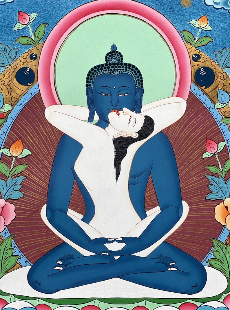 May include: A thangka painting depicting a blue-skinned deity in a meditative pose, embracing a pale-skinned figure. The composition features a circular halo, floral motifs in orange, pink, and green, and a dark red background with golden rays.