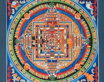 Könnte beinhalten: Ein farbenfrohes Mandala mit filigranen Details und einem quadratischen Muster in der Mitte. Das Mandala ist von einem kreisförmigen Rand mit floralen und geometrischen Mustern umgeben. Die Farben sind leuchtend und umfassen Rot, Blau, Gelb, Grün und Schwarz.