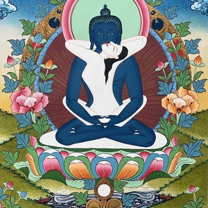 May include: A thangka painting depicting a blue-skinned deity in a meditative pose, embracing a white-skinned figure. They sit on a multi-colored lotus throne surrounded by floral motifs, clouds, and a circular halo against a blue background.