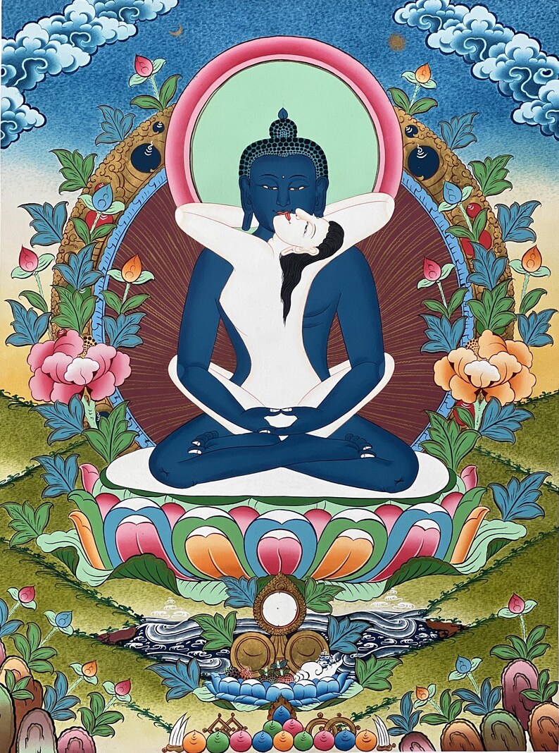 May include: A thangka painting depicting a blue-skinned deity in a meditative pose, embracing a white-skinned figure. They sit on a multi-colored lotus throne surrounded by floral motifs, clouds, and a circular halo against a blue background.