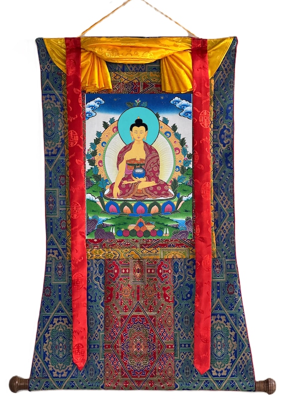 釈迦牟尼仏タンカ：手描きチベット美術、24K金、46 x 61 cm - Etsy 日本