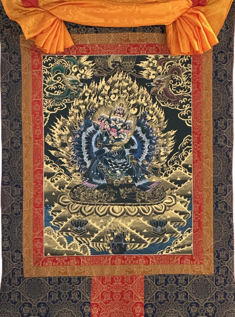 Hand-Painted Yamantaka with Consort Thangka | Wrathful Protector Tibetan Art with Silk Brocade image 4