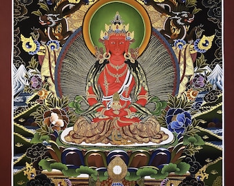 手描きの阿弥陀如来タンカ｜長寿と治癒の神｜チベット仏教｜伝統的な
