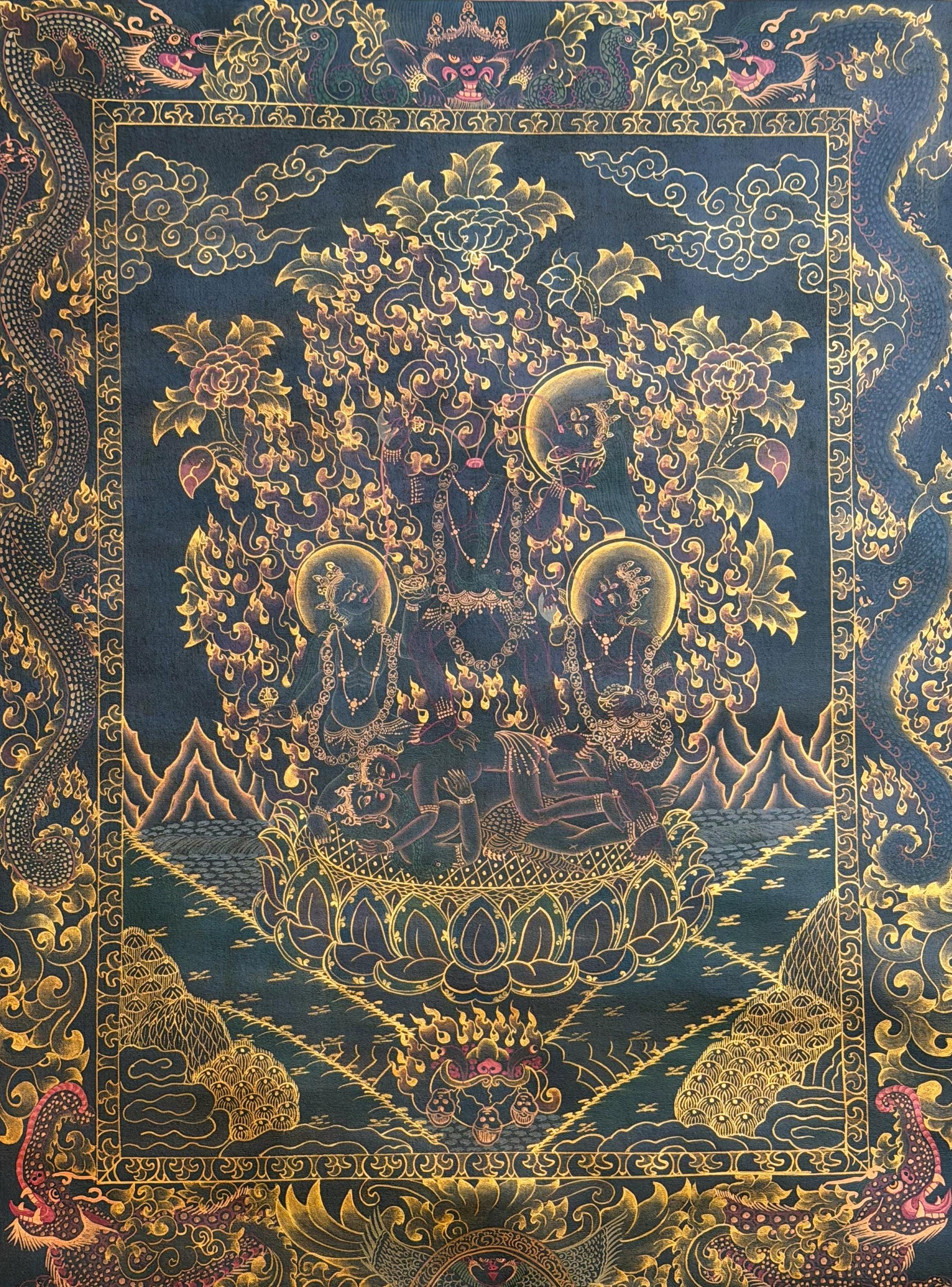チティパティ 黒と金のタンカ | 手描きのチベット舞踊骸骨アート