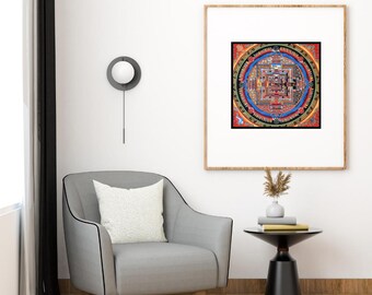 Thangka de mandala de Kalachakra pintado a mano / Arte tibetano de la Rueda del Tiempo / Pintura maestra original