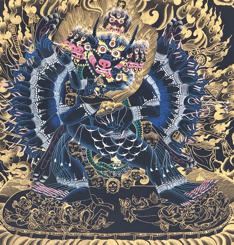 Hand-Painted Yamantaka with Consort Thangka | Wrathful Protector Tibetan Art with Silk Brocade image 9