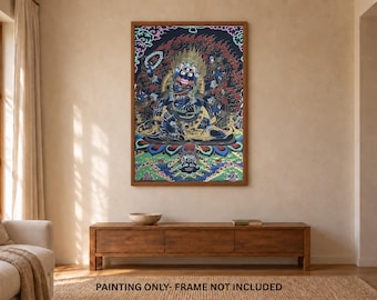 May include: A vertical rectangular wall art print featuring a dark blue multi-armed deity with a fierce expression, surrounded by vibrant red, green, and gold flame-like patterns, set against a dark background with intricate colorful details.