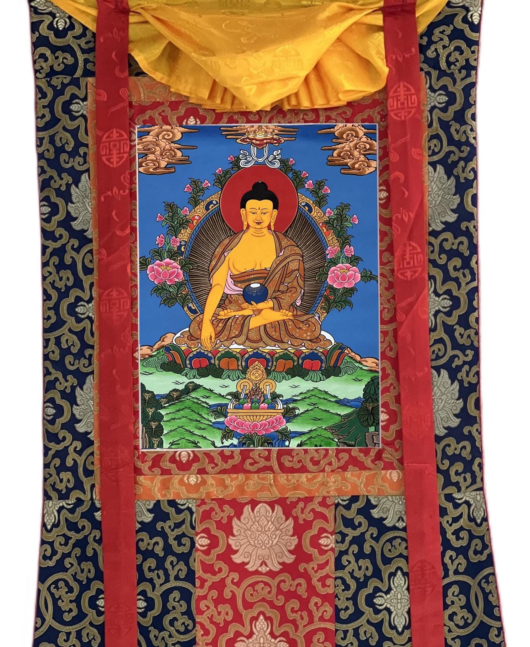 釈迦牟尼 千仏タンカ 手描き 仏画 手描きの釈迦牟尼仏タンカ – シルクブロケードフレーム、チベット