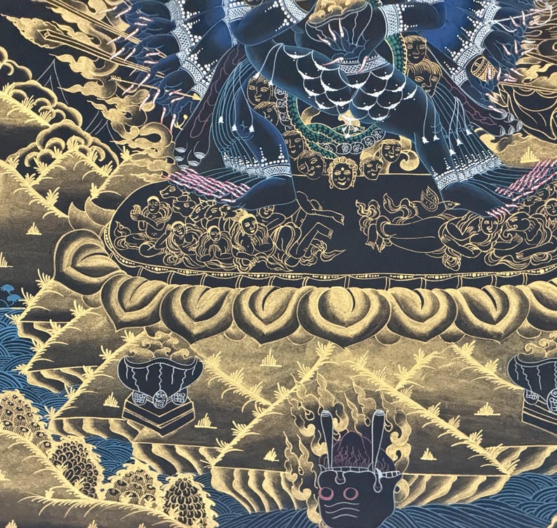 Hand-Painted Yamantaka with Consort Thangka | Wrathful Protector Tibetan Art with Silk Brocade image 12