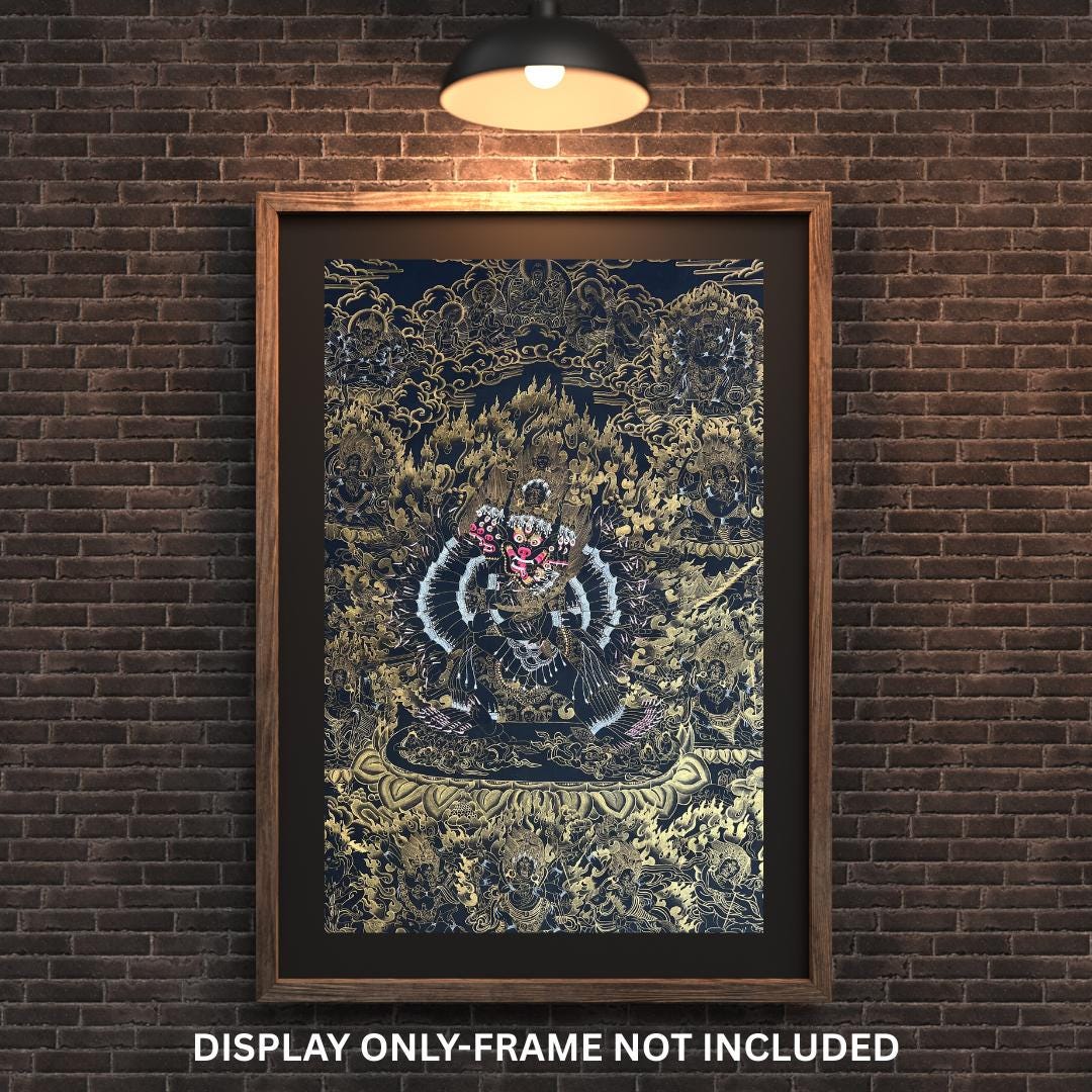 Hand-painted Yamantaka Thangka – Large Black & Gold Tibetan
