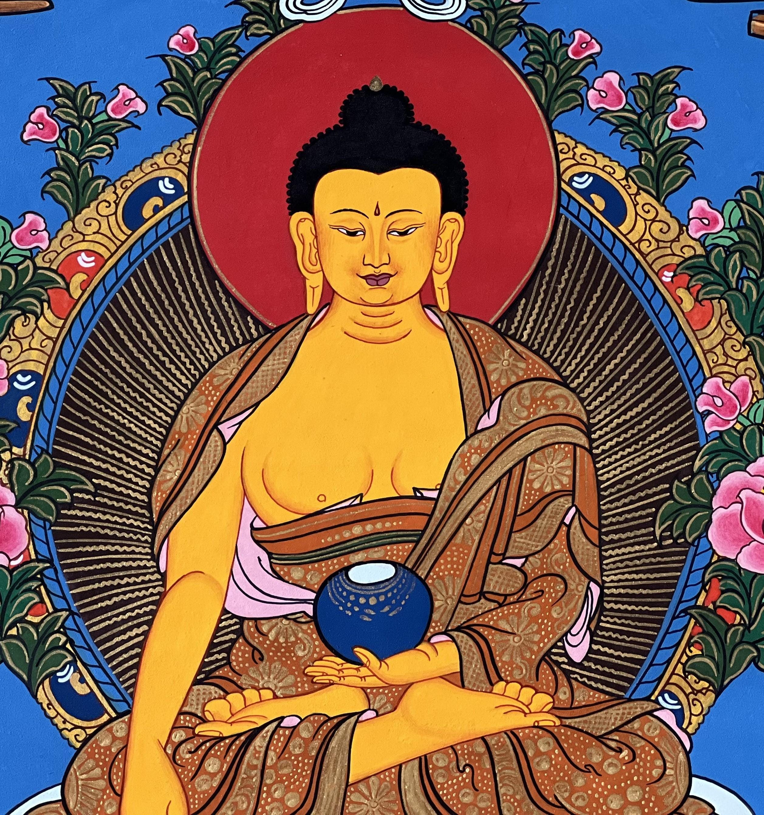 釈迦牟尼 千仏タンカ 手描き 仏画 手描きの釈迦牟尼仏タンカ – シルクブロケードフレーム、チベット