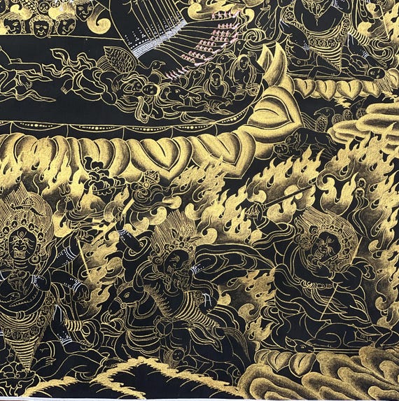 Hand-painted Yamantaka Thangka – Large Black & Gold Tibetan