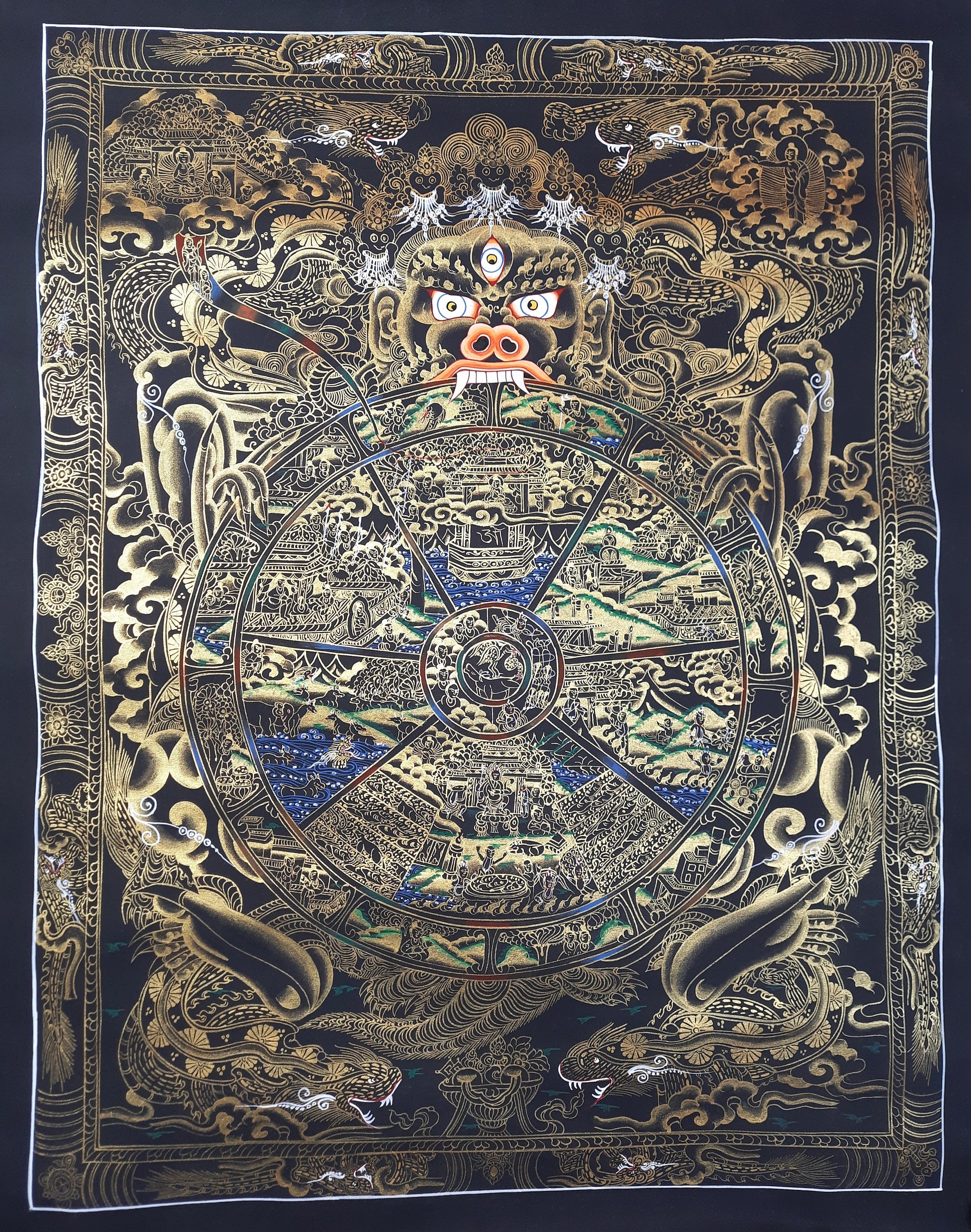 ヴィンテージアジア - ベトナム手塗りブラックラッカーウォールアート Hand-painted Wheel of Life Mandala Thangka – Tibetan Buddhist Wall