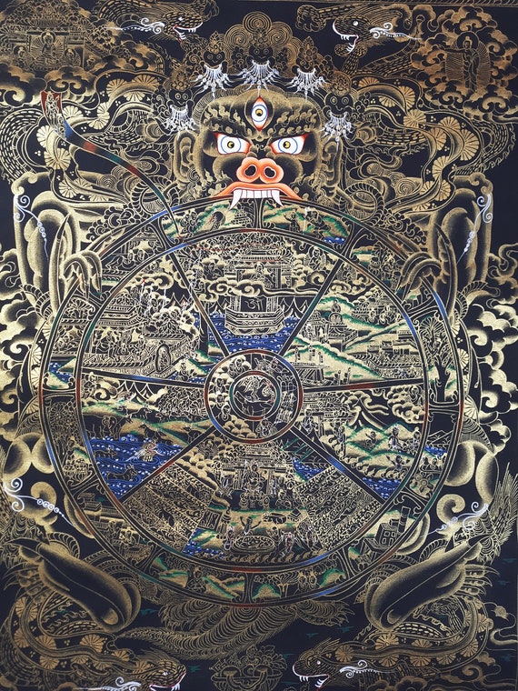 Hand-painted Wheel of Life Mandala Thangka – Tibetan Buddhist Wall