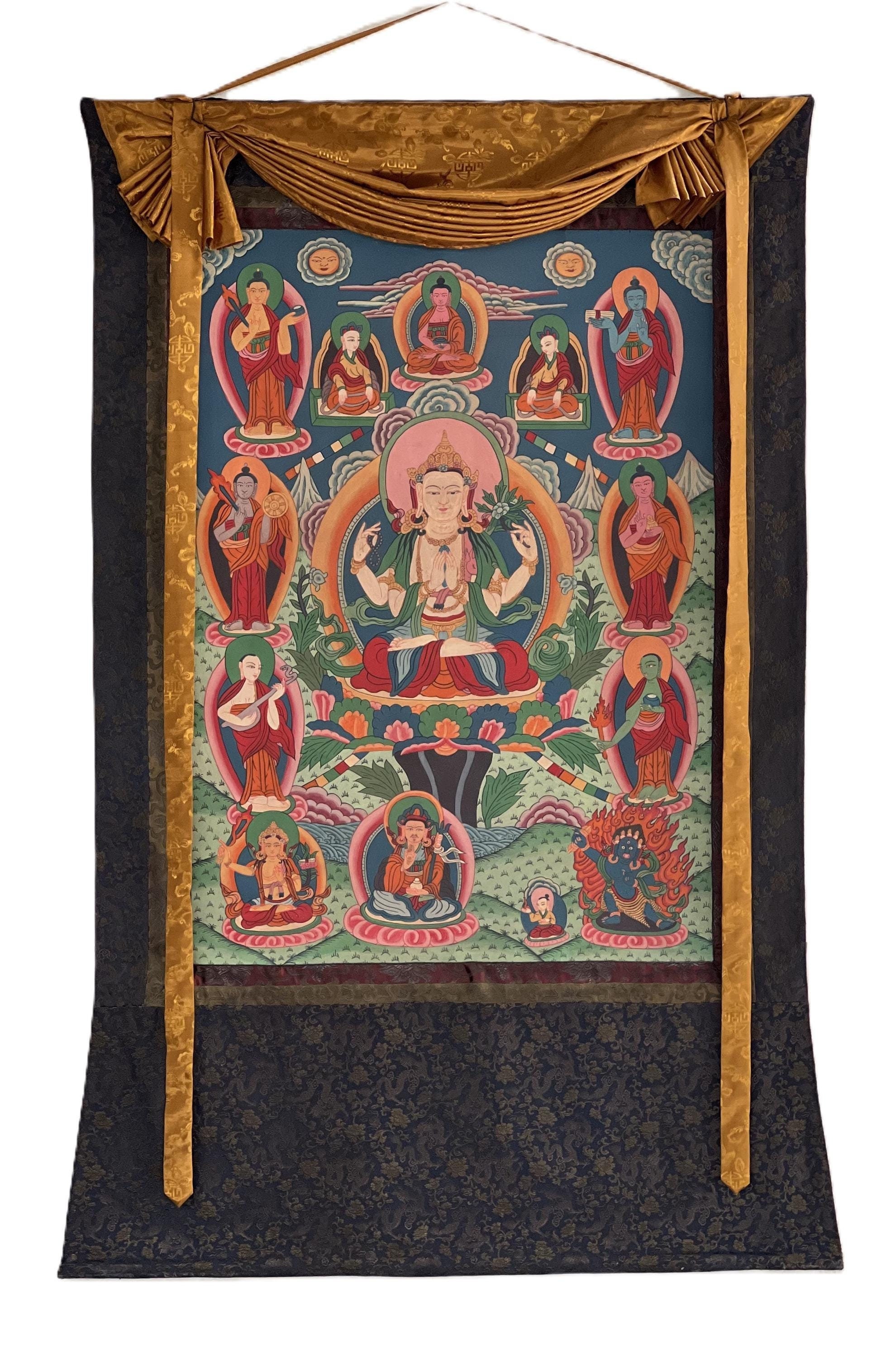 Four-Armed Avalokiteshvara / Chenrezig with Deities Original Hand-Painted LARGE Masterpiece OLD Tibetan Thangka Painting with Silk Frame