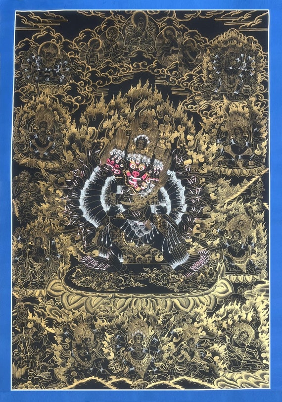 Hand-painted Yamantaka Thangka – Large Black & Gold Tibetan