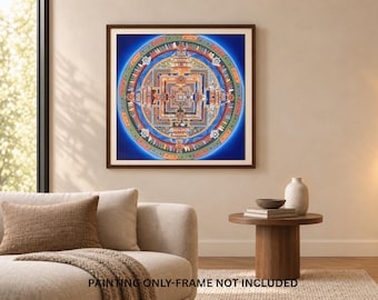 Könnte beinhalten: Ein quadratischer Wandkunstdruck mit einem detaillierten kreisförmigen Mandala mit komplexen geometrischen Mustern in Blau-, Orange- und Goldtönen. Das Kunstwerk ist gerahmt und enthält den Text PAINTING ONLY-FRAME NOT INCLUDED.