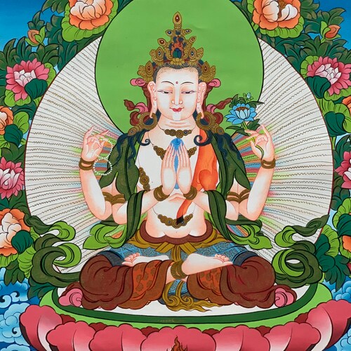 Hand-painted 4 shops Armed Avalokiteshvara, Chyangresi, Chenrezig, Thangka Painting 17 x 24-Inch