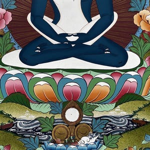 May include: A detailed painting of a dark blue figure seated in a meditative pose on a white lotus throne. The figure has a white torso and is surrounded by colorful floral motifs, green leaves, and a stylized landscape with water and gold elements.