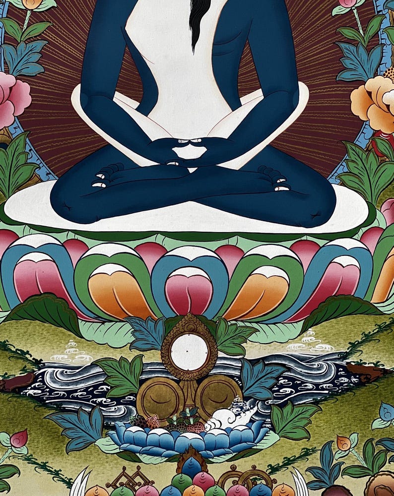 May include: A detailed painting of a dark blue figure seated in a meditative pose on a white lotus throne. The figure has a white torso and is surrounded by colorful floral motifs, green leaves, and a stylized landscape with water and gold elements.