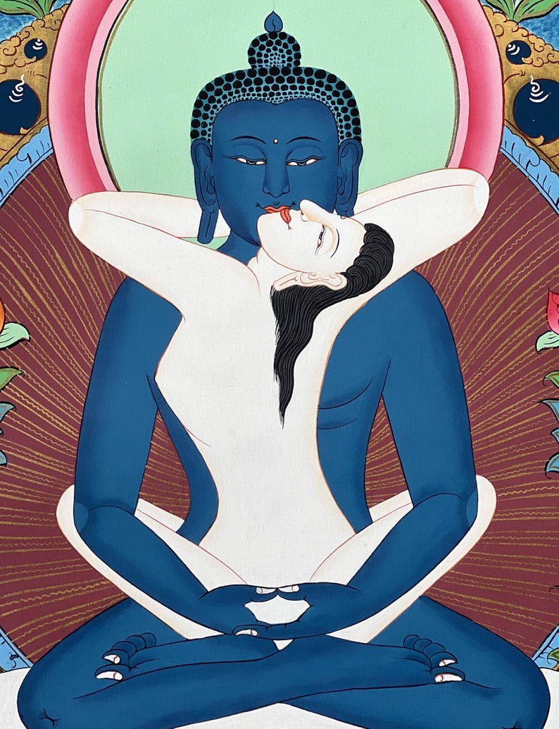 May include: A thangka painting depicting a blue-skinned deity in a meditative pose, embracing a pale-skinned figure. The figures are intertwined in a central position against a dark red background with golden rays, framed by decorative floral elements.