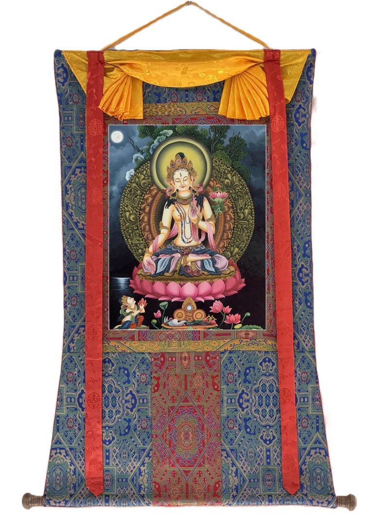 White Tara Newari Paubha Thangka | Hand Painted Buddhist Art | Masterpiece Meditation Painting With Brocade