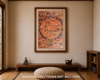 Pode incluir: Uma impressão de arte de parede retangular com um design de mandala circular detalhado em laranja e azul com figuras e padrões complexos. A impressão inclui o texto PAINTING ONLY-FRAME NOT INCLUDED em letras brancas.