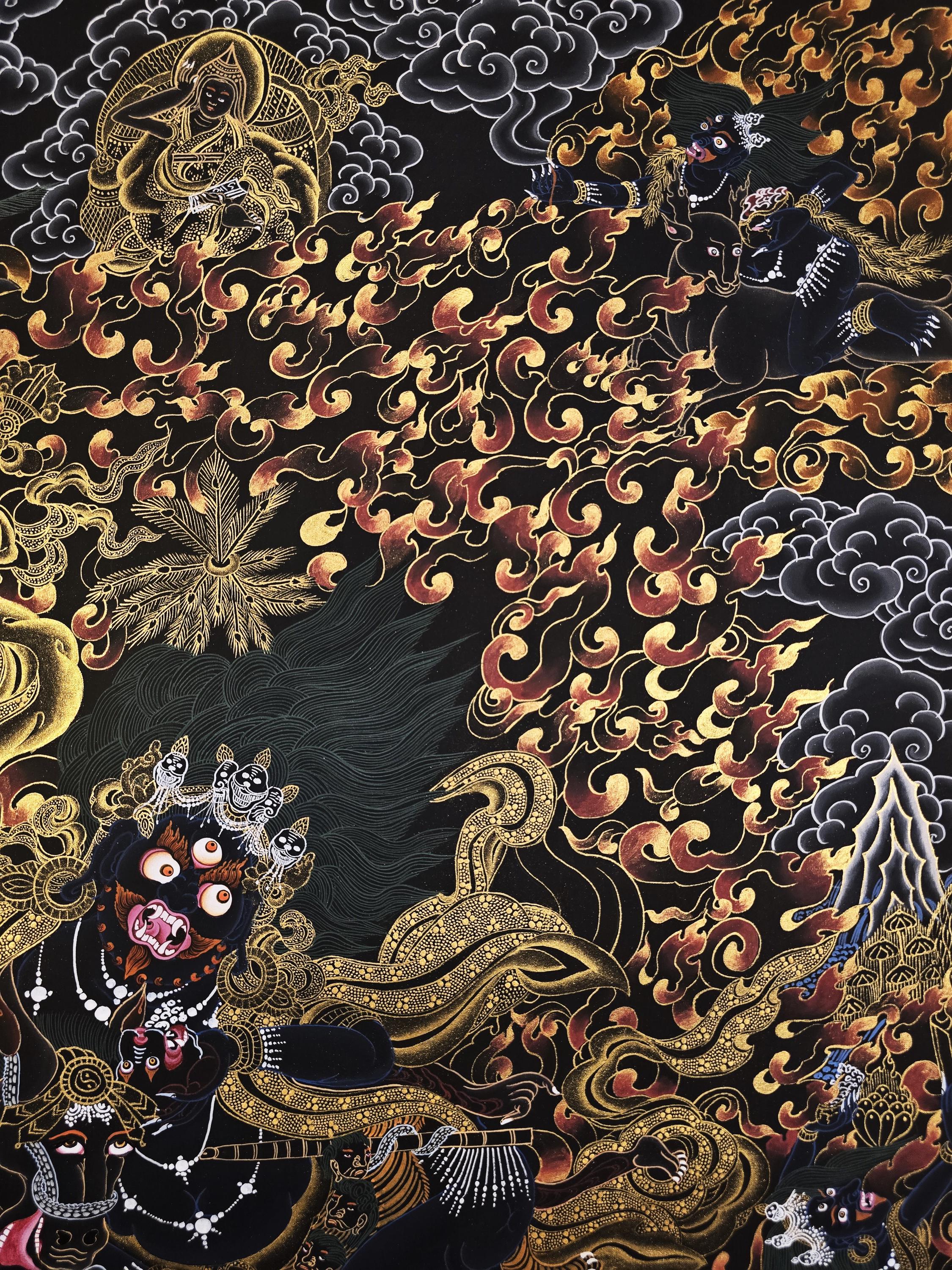 パルデン・ラモ Palden Lhamo 肉筆画 タンカ 曼荼羅 手描き 新品 手描きのパルデン・ラモ・タンカ｜黒と金の仏教美術 - Etsy 日本