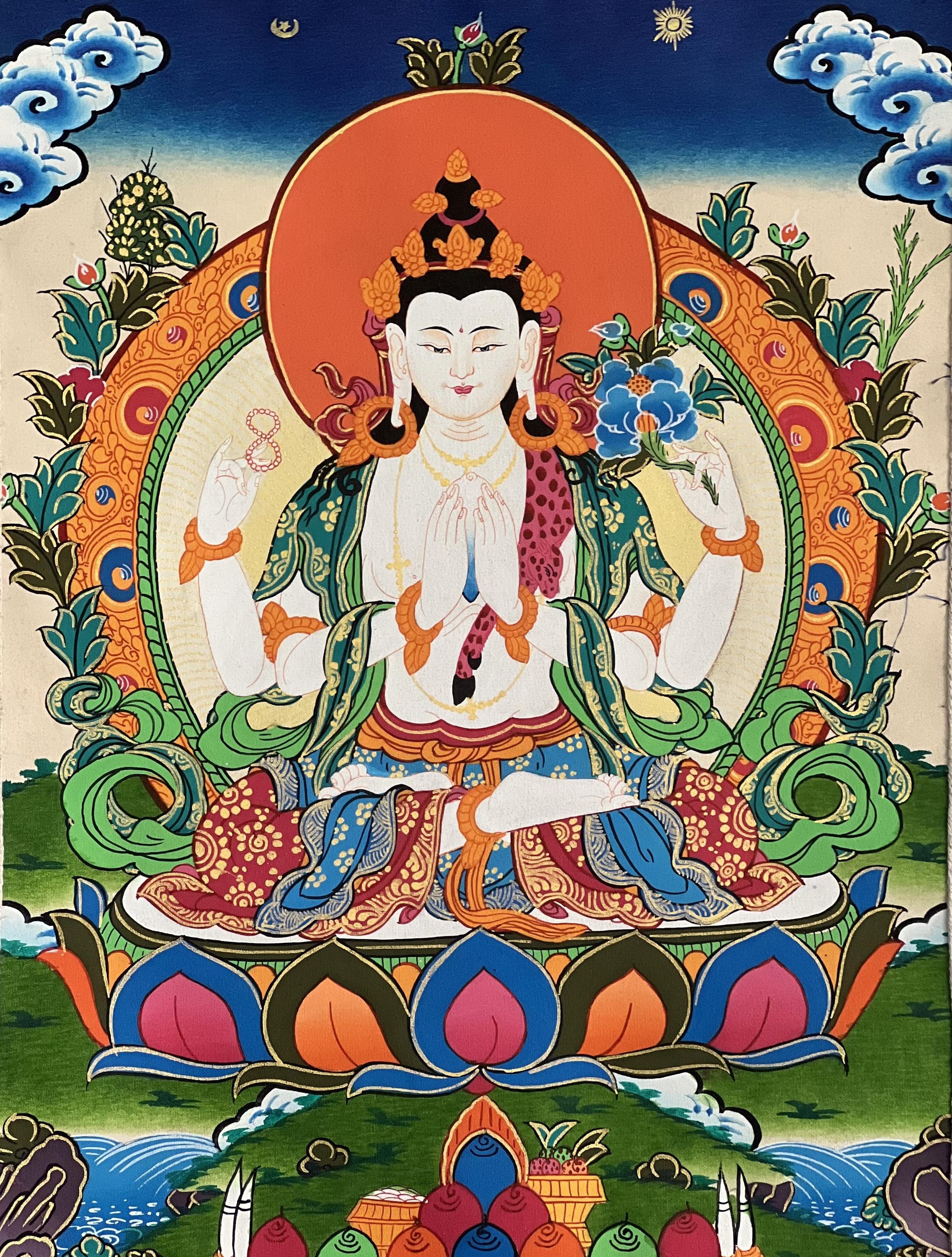 四臂観音菩薩 タンカ 手描き シルク仕立 額装 チベット 守護 浄化 曼荼羅 四臂観音菩薩 タンカ 手描き シルク仕立 額装 チベット 守護 浄化