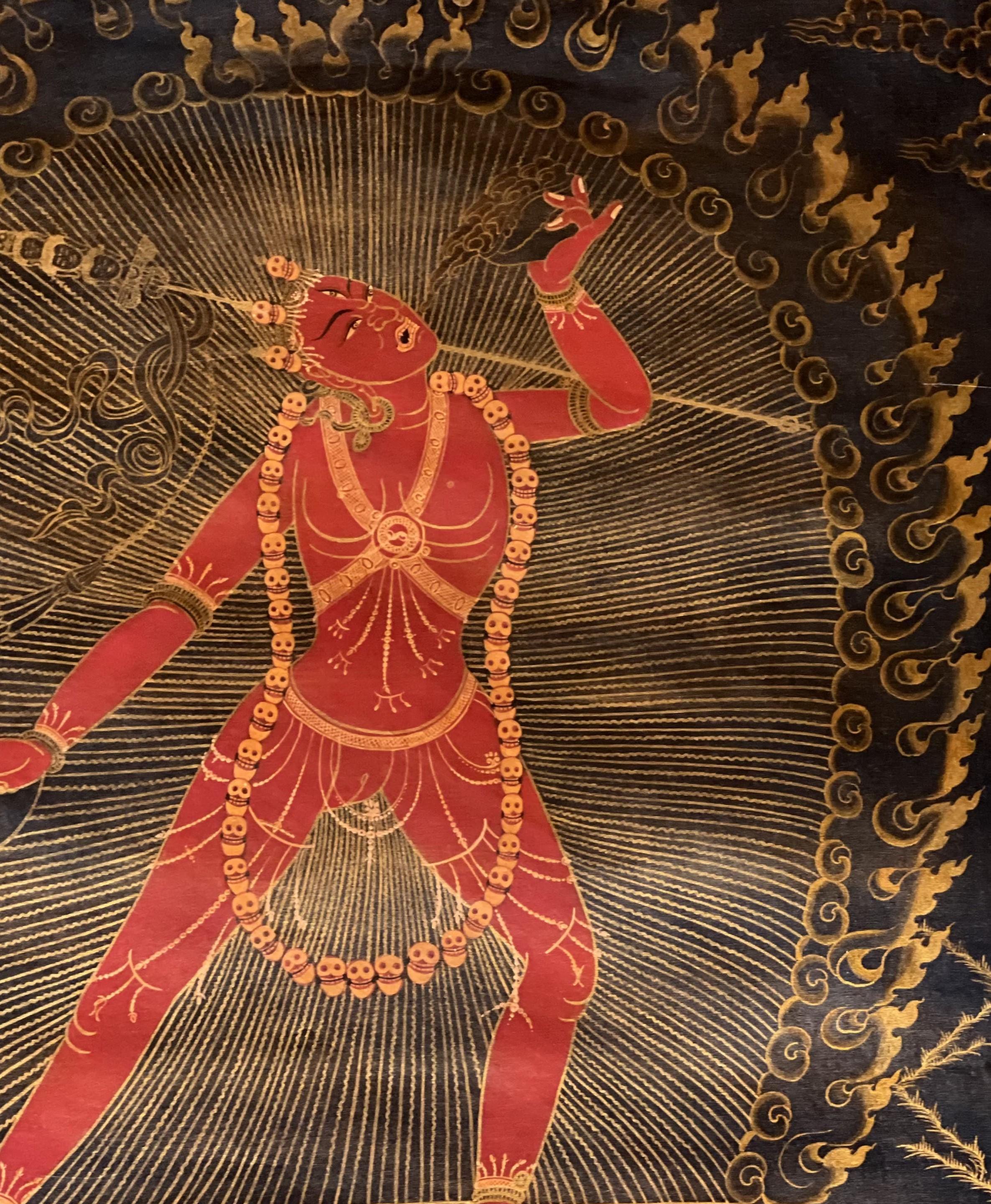 手描きのヴァジュラヨーギニタンカ – シルクブロケードで仕上げた油彩