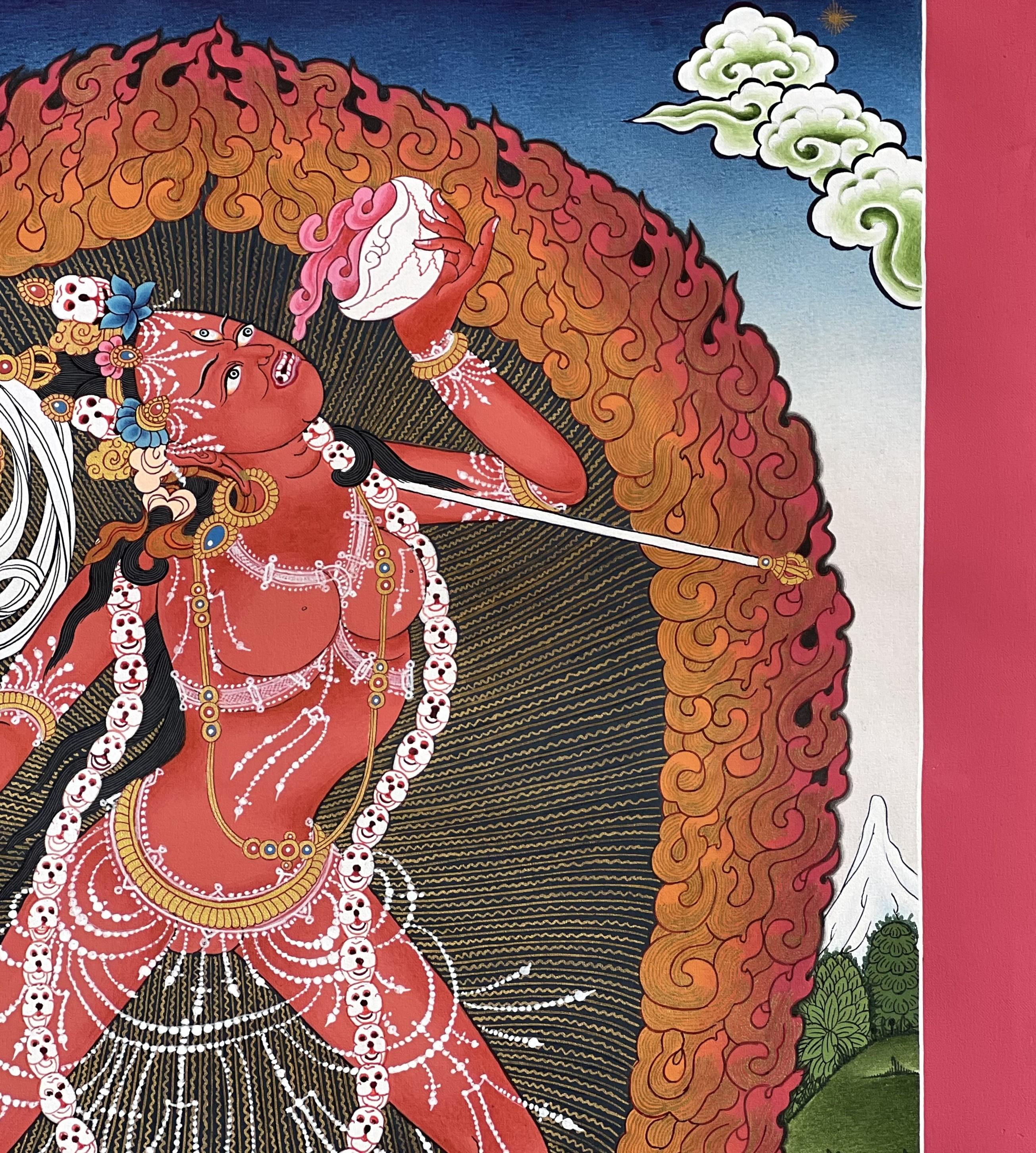 肉筆画 手描き仏画 ヴァジュラヨーギニー Vajrayogini ヨギニ タンカ オリジナルの手描きのヴァジュラヨーギニーチベットタンカ絵画